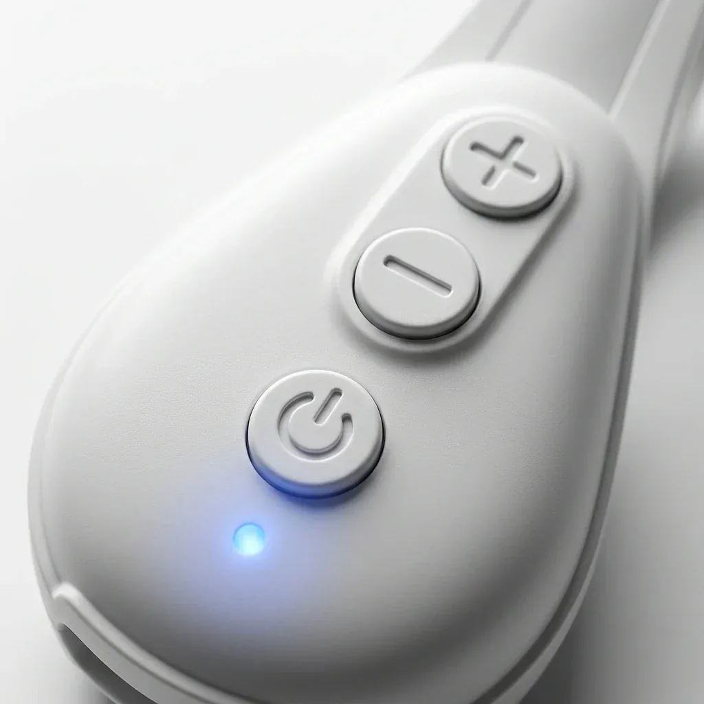 Macro detail of the Dentoora power button and status LED