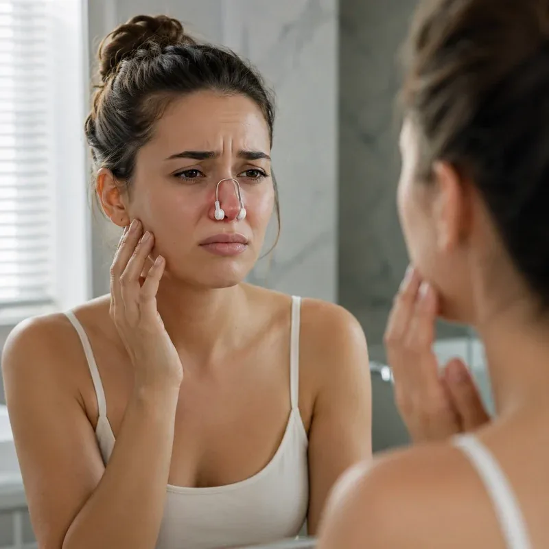Woman frustrated with her profile in the mirror